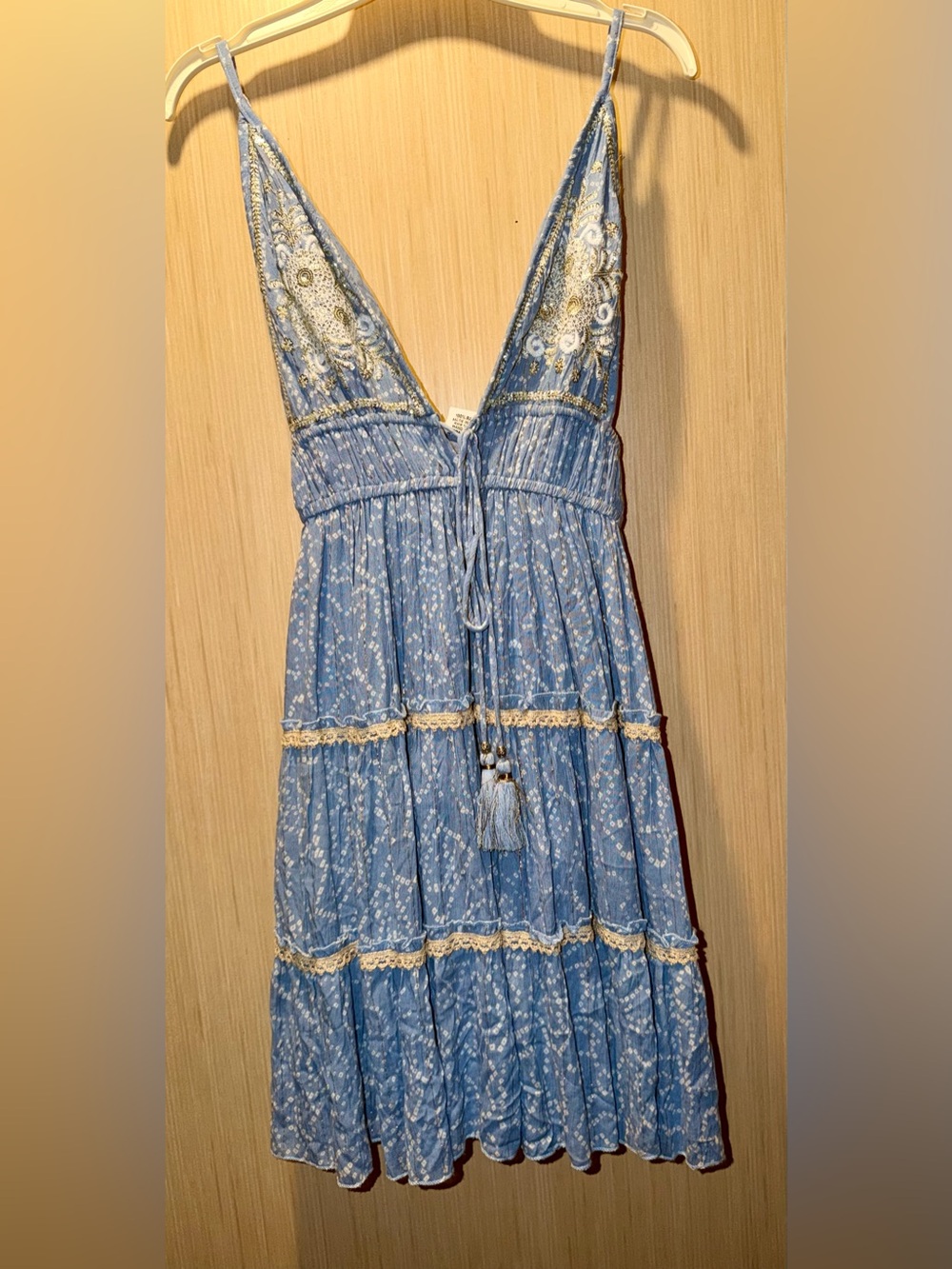 Blue Boho Embroidered Tie-Front Dress
